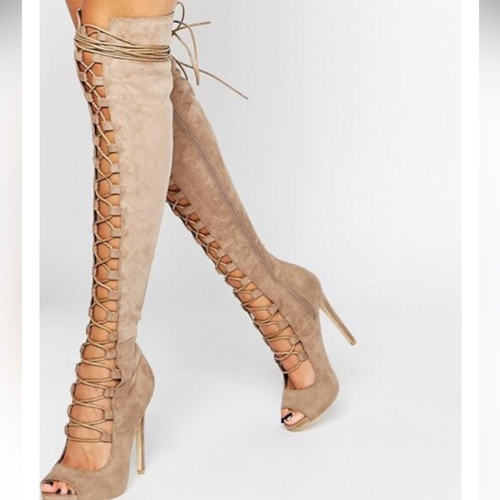 Over the knee lace up boots suede taupe
